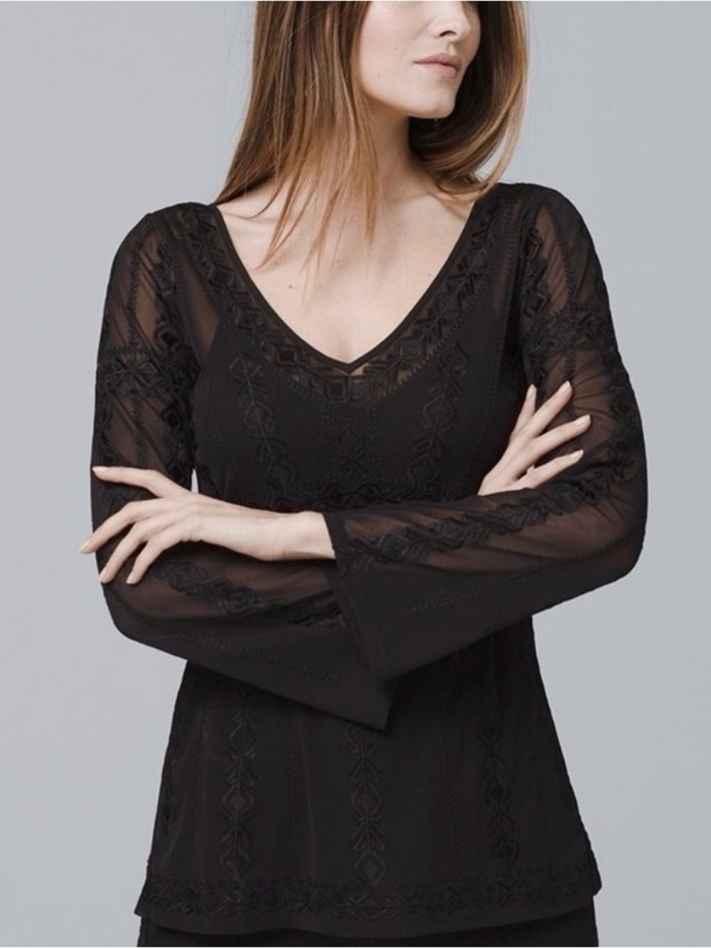 White House Black Market Long Sleeve Tunic Sheer Top With Embroidery, Sz M, NWT